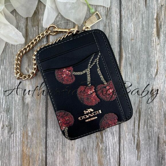 Coach Handbags - Coach Zip Card Case With Cherry Print Smooth Leather Wallet Bag Purse